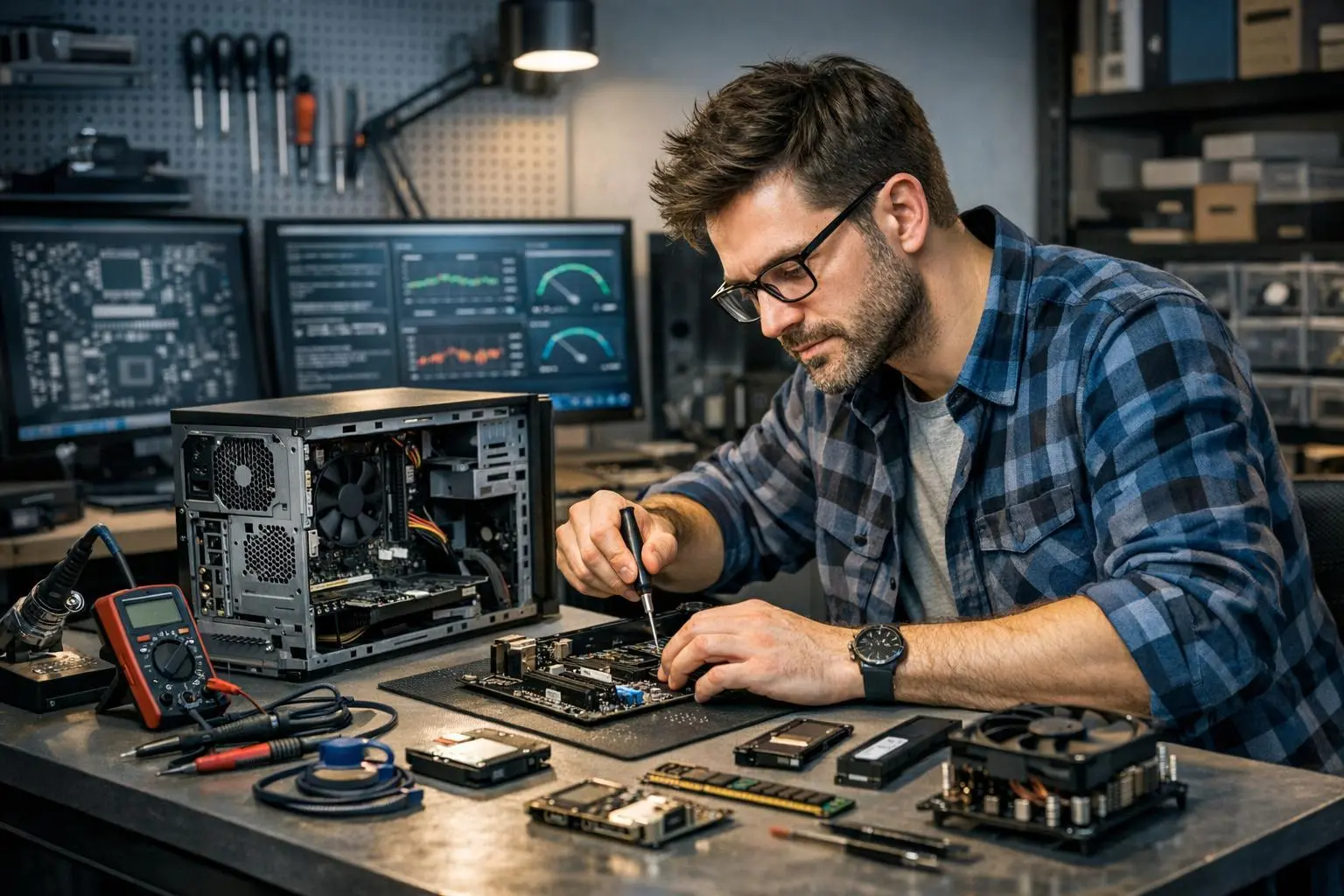 Técnico da Pires Informática em bancada de manutenção de computadores